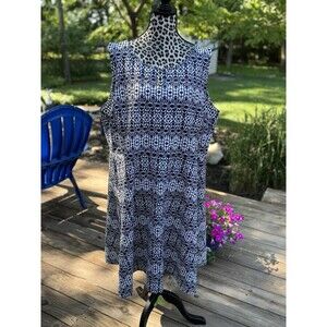 Talbots Women’s Sz 3X Sleeveless Dress Navy/White Geometric Design Plus Size Zip